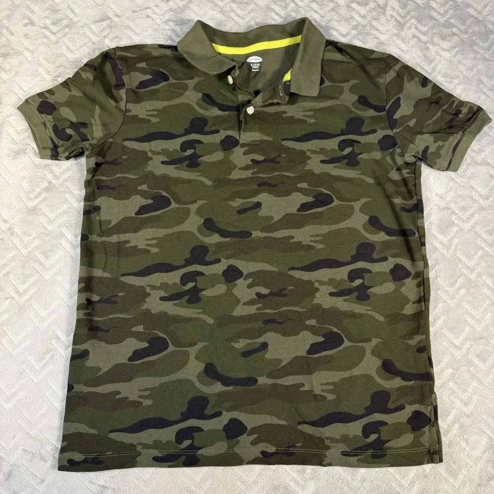Old Navy Boys XL 14/16 Camo Polo Shirt Olive Woodland Camouflage Neon Green